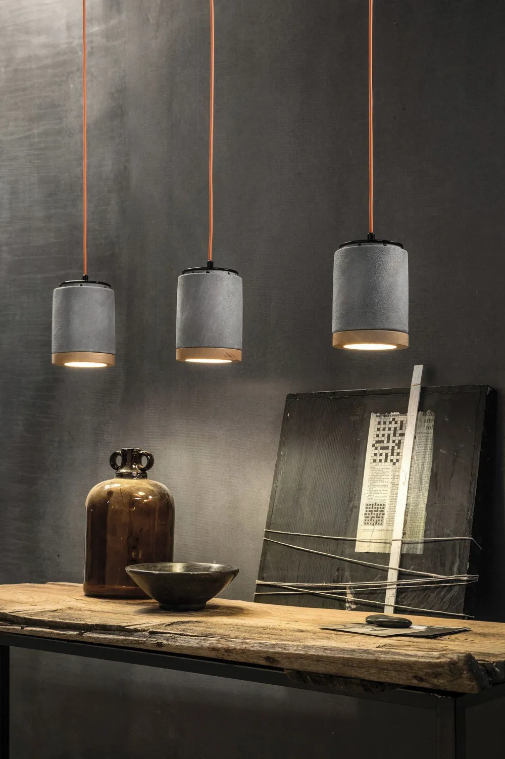 Ferroluce Hängeleuchte Beton Optik rund Ø 12,5 cm Keramik Holz E27* Wohnzimmerlampen|Holzlampen