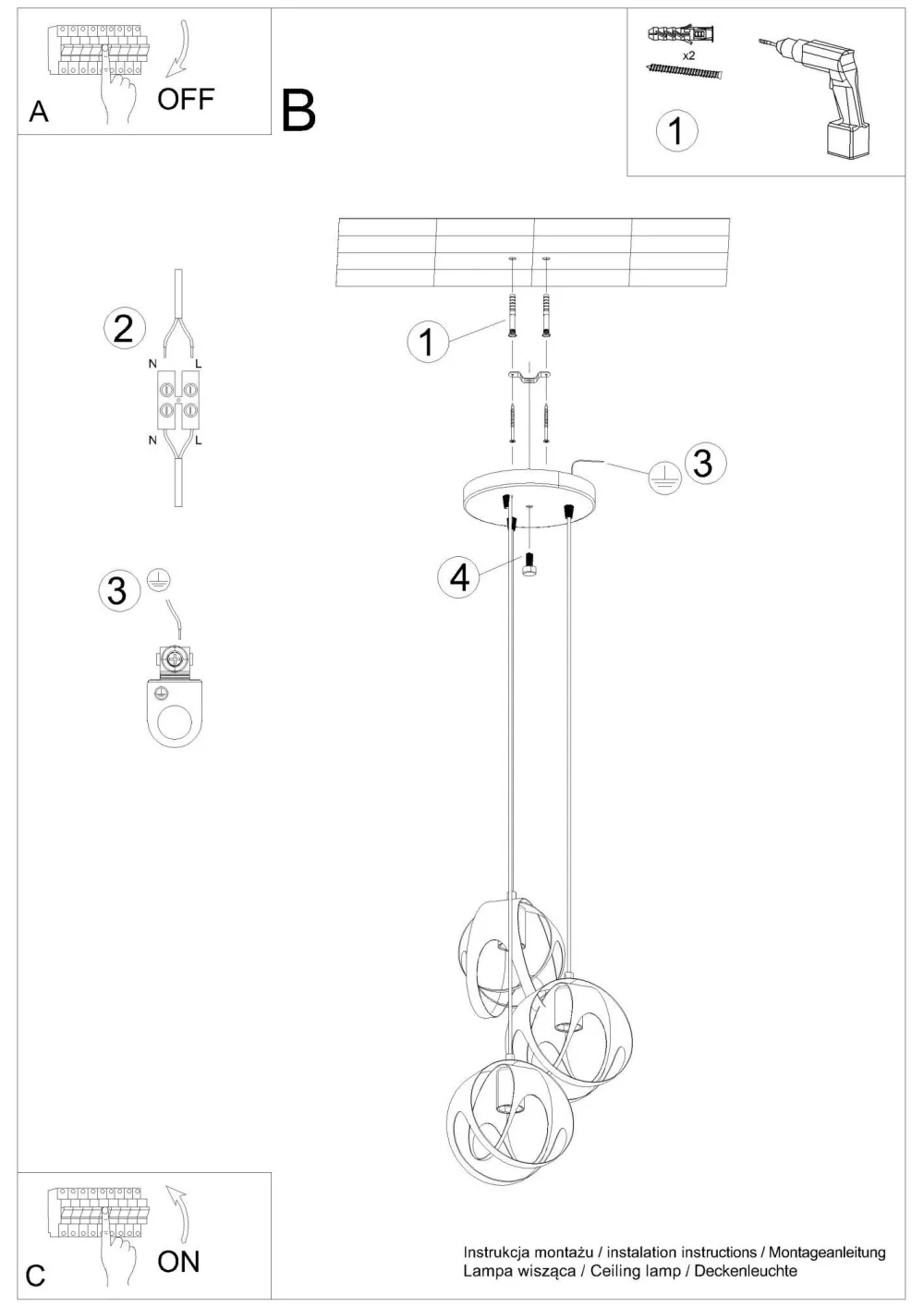 Sollux Hängeleuchte 3-flammig Weiß Metall verstellbar E27* Hängelampen|Wohnzimmerlampen