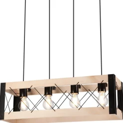 Best Lamkur Hängeleuchte Holz Metall 4x E27 B: 63 cm Schwarz Natur Rustikal