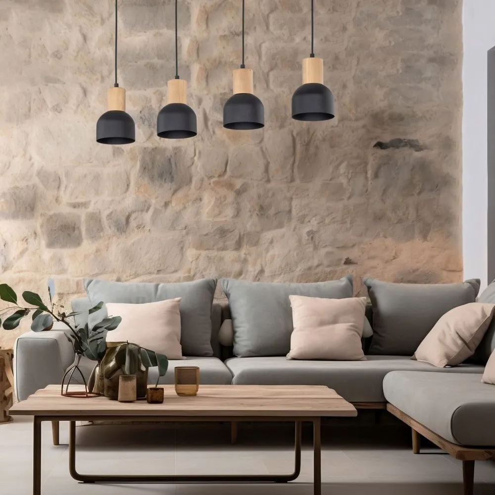 Sale TK Lighting Hängeleuchte Metall Holz E27 Schwarz Holz 4-flammig