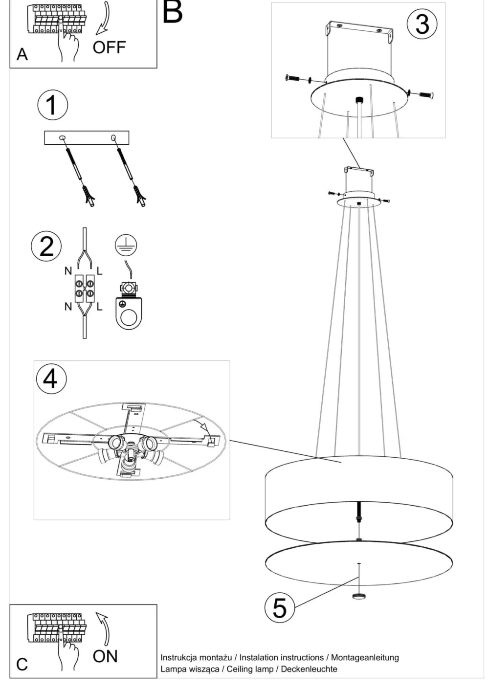 Best Sollux Hängeleuchte rund Ø 60 cm Stoff Glas 5x E27 Schwarz