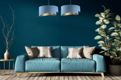 New BPS Koncept Hängeleuchte rund D: 50 cm E27 Blau Gold Stoff Velours Optik