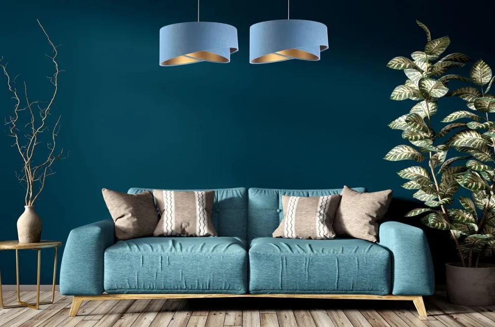 New BPS Koncept Hängeleuchte rund D: 50 cm E27 Blau Gold Stoff Velours Optik