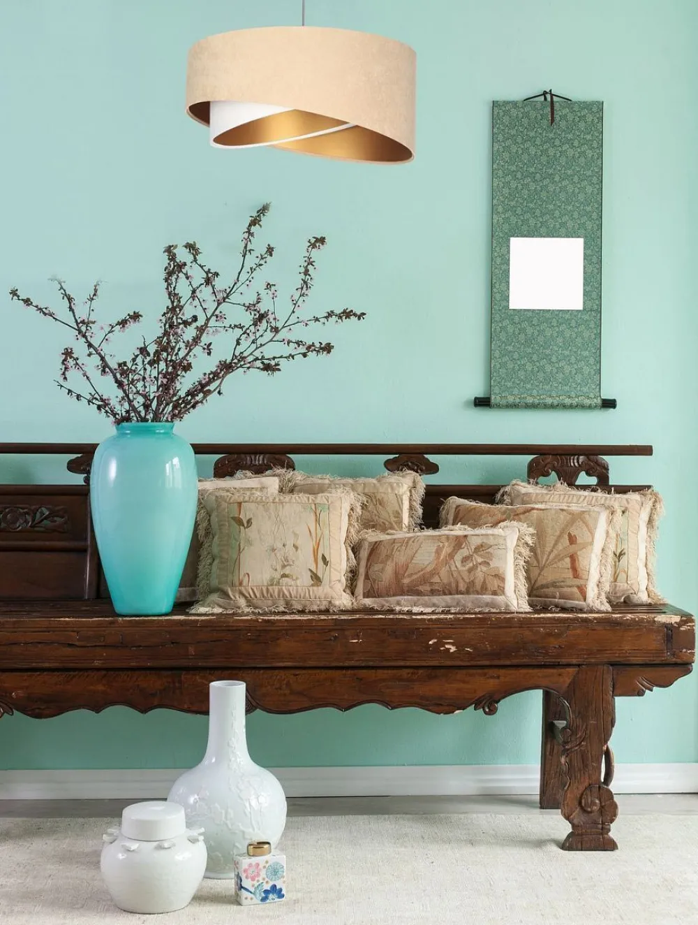 New BPS Koncept Hängeleuchte Stoff Beige Gold E27 rund Ø 50 cm Velours Optik