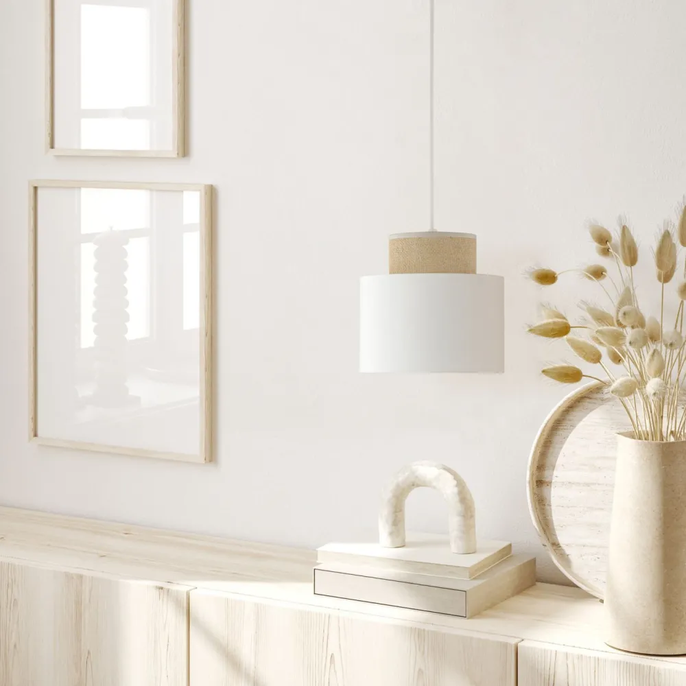 Clearance TK Lighting Hängeleuchte Stoff Jute E27 Ø 20 cm H: max. 160 cm Weiß Natur