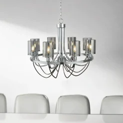 New Searchlight Kronleuchter 8-flammig E14 Chrom Rauchgrau Glas Metall