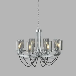 New Searchlight Kronleuchter 8-flammig E14 Chrom Rauchgrau Glas Metall