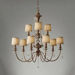 Elstead Kronleuchter groß mit Schirm in Braun Gold Creme* Hängelampen|Stofflampen