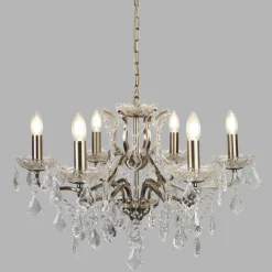 New Searchlight Kronleuchter Kristall Ø 70 cm Messing Antik 6-flammig E14