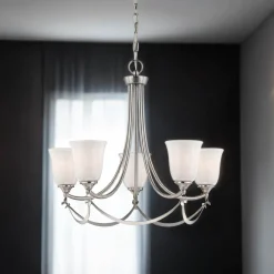 Elstead Kronleuchter mit Schirm Glas Metall in Nickel Weiß KELDA