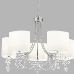 Searchlight Kronleuchter mit Schirm 5x E14 Chrom Weiß Stoff Metall* Hängelampen|Wohnzimmerlampen