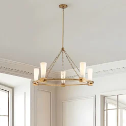 Elstead Kronleuchter rund D: 106 cm E27 Metall Glas in Gold antik Weiß* Hängelampen|Wohnzimmerlampen