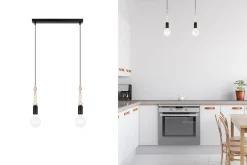 Belis Lange Hängelampe Schwarz Holz Metall L:40 cm E27 2-flmg* Hängelampen|Bürolampen