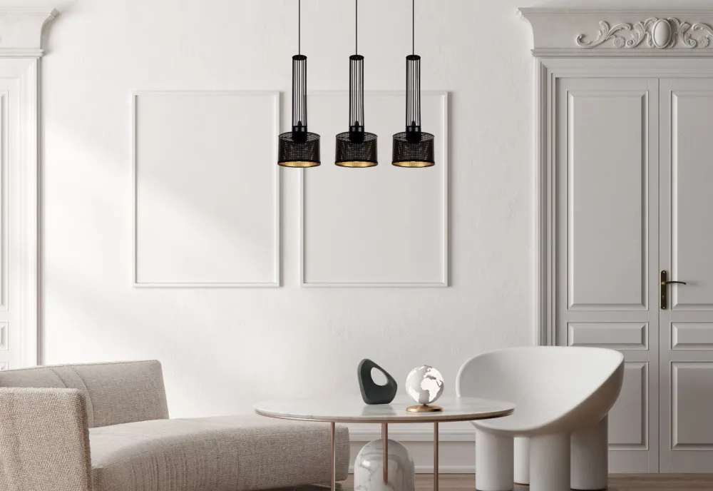 Hot Belis Lange Pendelleuchte Metall 70 cm 3-flmg Schwarz Gold