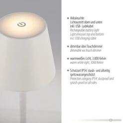 Just Light LED Akku Stehlampe Weiß IP54 125 cm Touch Dimmen 3000 K* Led Lampen|Stehlampen