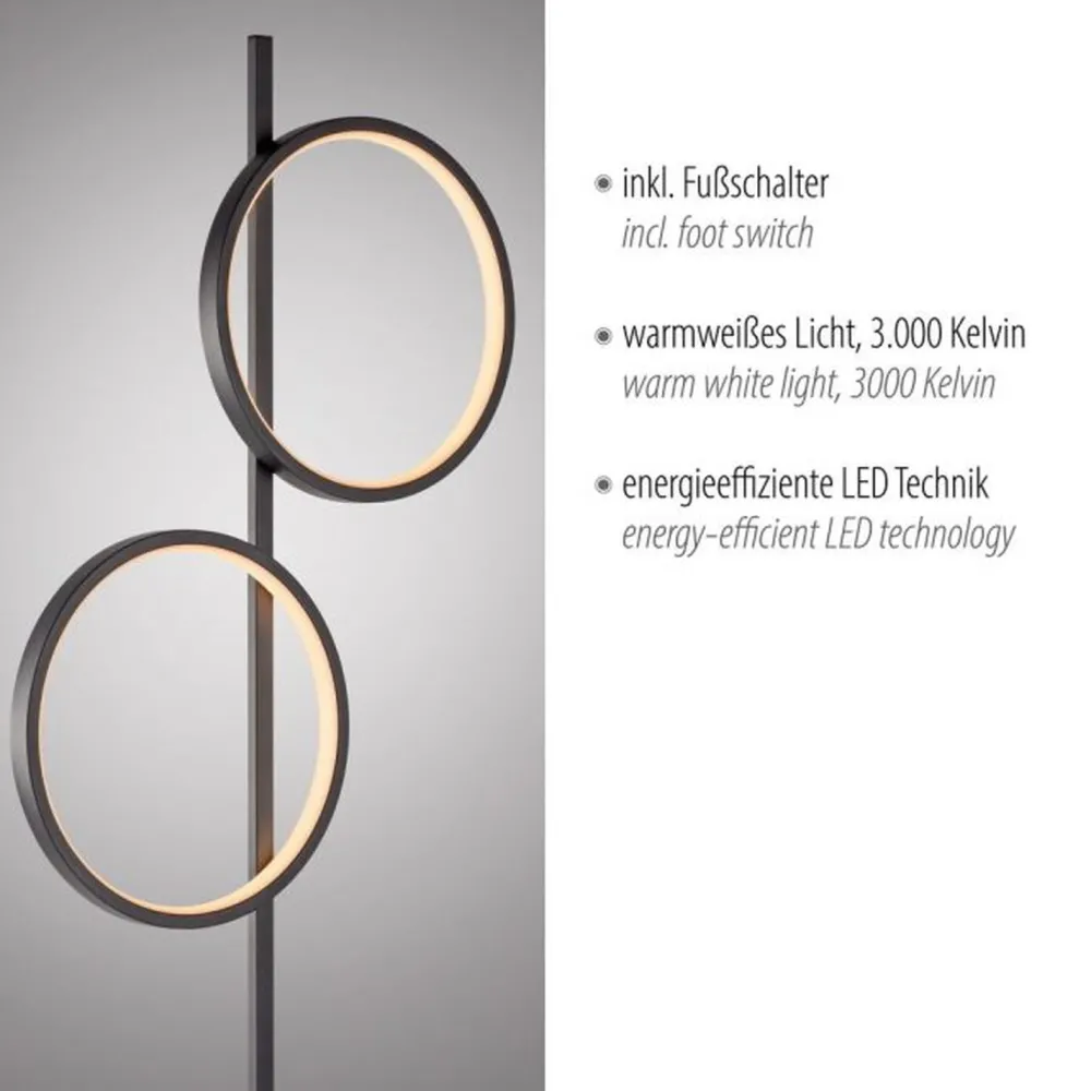 Best Just Light LED Stehleuchte Schwarz Metall Ringe 151 cm 1290 lm