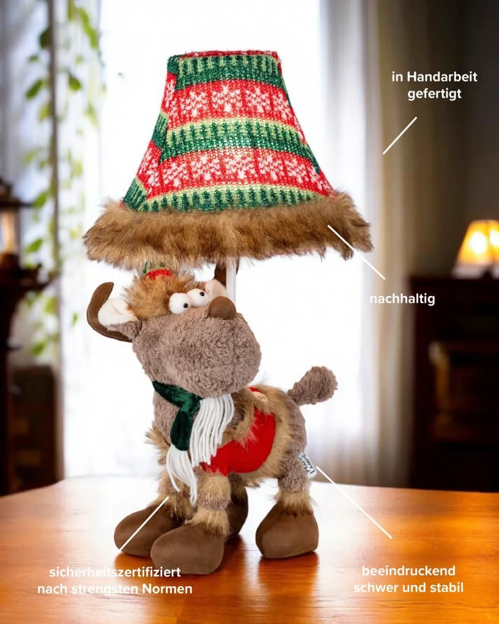 Happy Lamps LED Tischlampe Weihnachten Rentier 51 cm Beige Rot Grün*Kinder Wohnzimmerlampen|Kinderzimmerlampen