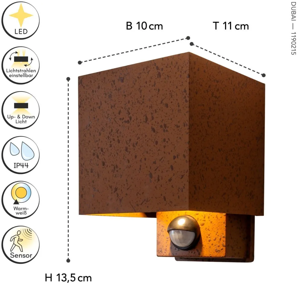 Eco-Light LED Wandlampe Bewegungssensor Rostbraun Up Down IP54* Metall Lampen|Led Außenleuchten