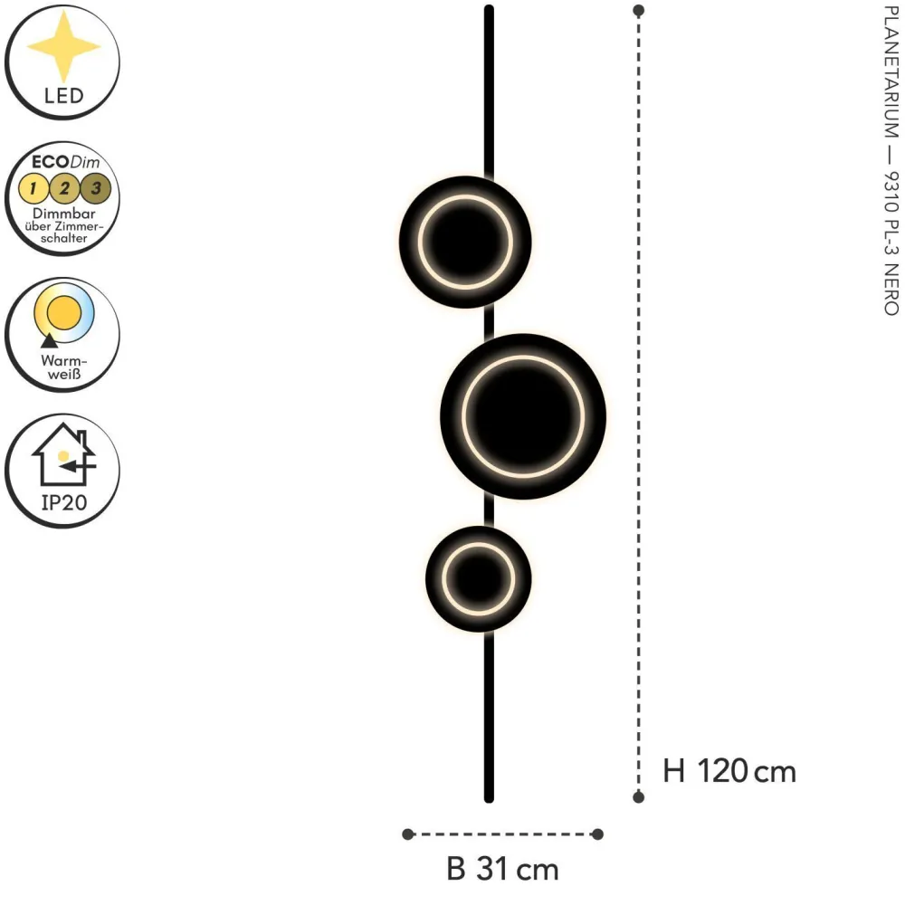 Best Eco-Light LED Wandlampe Schwarz H:120 cm 1008 lm 3000 K dimmbar