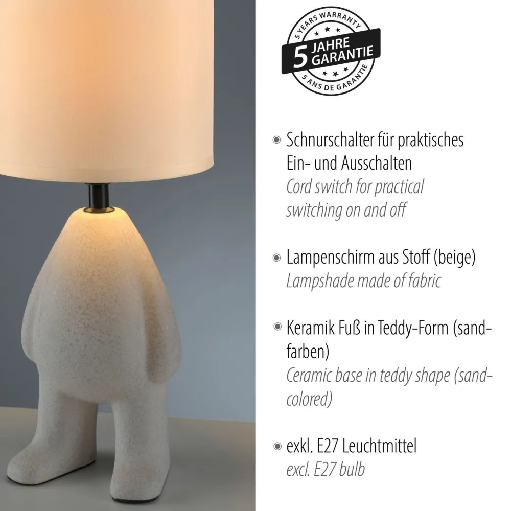 Just Light NachtTischlampe Keramik Stoff Teddy 38 cm E27 blendarm* Wohnzimmerlampen|Schlafzimmer Lampen
