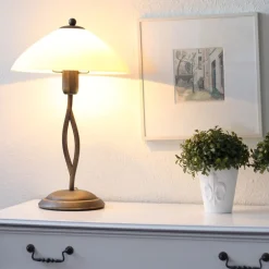 Steinhauer Nachttischleuchte Metall Glas in Bronze Creme E27 45 cm* Tischlampen|Schlafzimmer Lampen