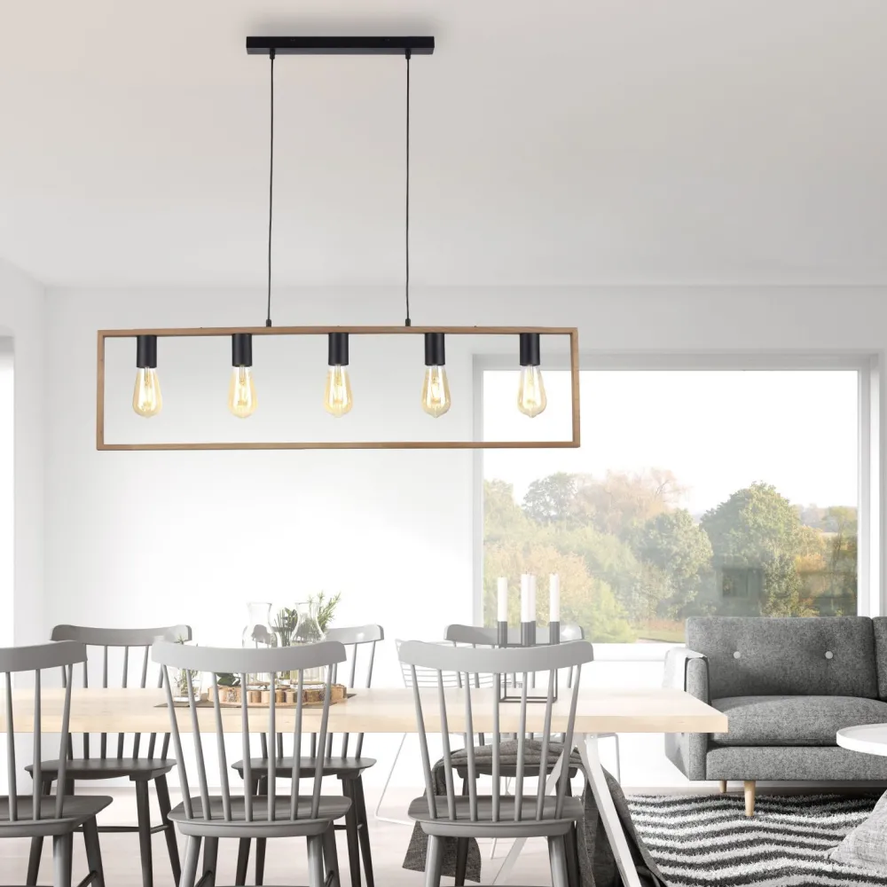 Just Light Natürliche Hängelampe Retro Holz Metall L:100 cm 5-flmg* Hängelampen|Bürolampen