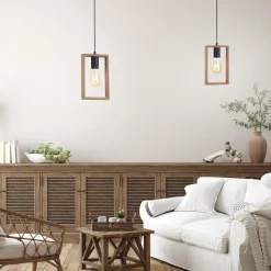 Online Just Light Natürliche Pendelleuchte Holz Metall L:15 cm E27 Retro