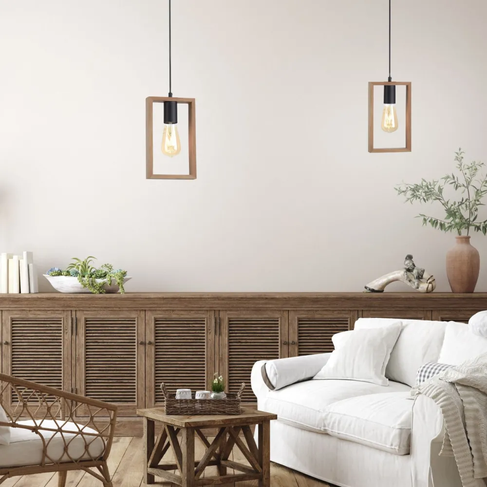 Online Just Light Natürliche Pendelleuchte Holz Metall L:15 cm E27 Retro