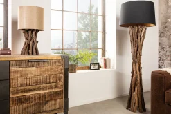 Invicta Interior Natürliche Stehlampe Schwarz Gold 151 cm Holz Baumwolle* Bürolampen|Stofflampen