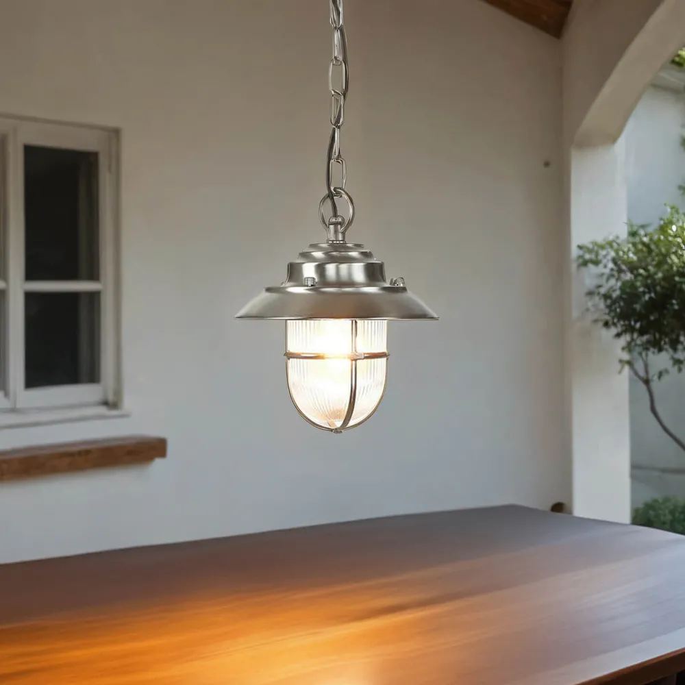 Lido Pendellampe Außen in Nickel Echt-Messing Riffelglas* Metall Lampen|Messinglampen