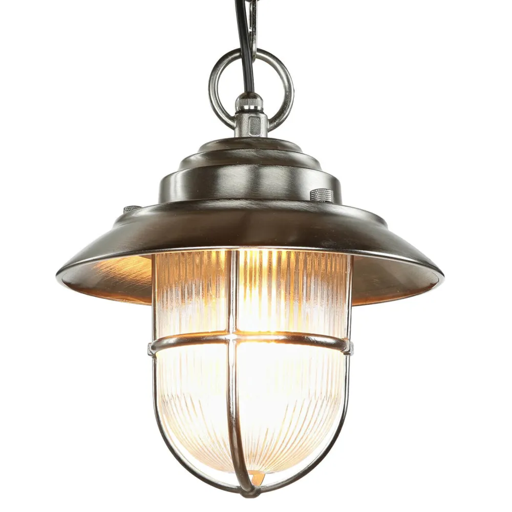 Lido Pendellampe Außen in Nickel Echt-Messing Riffelglas* Metall Lampen|Messinglampen