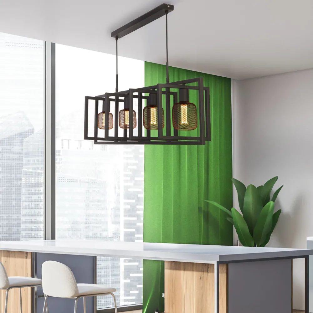 Searchlight Pendelleuchte 4-flammig E27 Schwarz Metall Retro Design* Hängelampen|Esszimmer Lampen