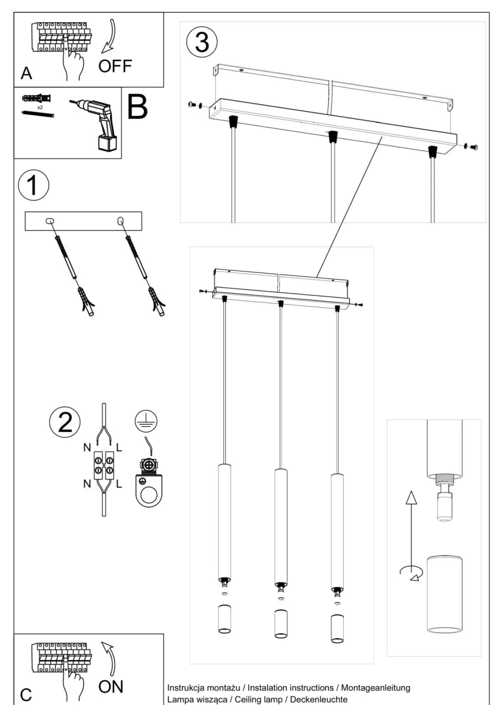 Sollux Pendelleuchte 3-flammig Metall Glas Weiß B: 45 cm* Moderne Lampen|Wohnzimmerlampen
