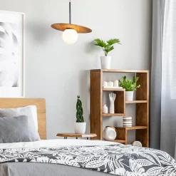 Online Elstead Pendelleuchte Glas Teakholzfurnier Ø 40 cm E27 Modern