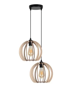 Belis Pendelleuchte Holz Metall Schwarz Kugel E27 2-flammig* Hängelampen|Bürolampen