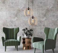 Belis Pendelleuchte Holz Metall Schwarz Kugel E27 2-flammig* Hängelampen|Bürolampen