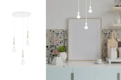 Belis Pendelleuchte Holz Metall Weiß E27 Ø30 cm rund 3-flmg* Hängelampen|Bürolampen