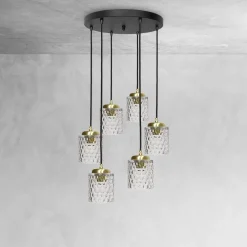 Giovanni Battista Pendelleuchte Messing Eisen Glas 6x E27 in Schwarz Klar* Hängelampen|Bürolampen