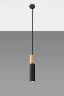 Sollux Pendelleuchte Schwarz Metall Holz Ø8cm Skandinavisch* Wohnzimmerlampen|Skandinavische Lampen