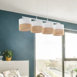 TK Lighting Pendelleuchte Weiß Braun 4-flammig Metall Stoff Jute E27* Wohnzimmerlampen|Stofflampen
