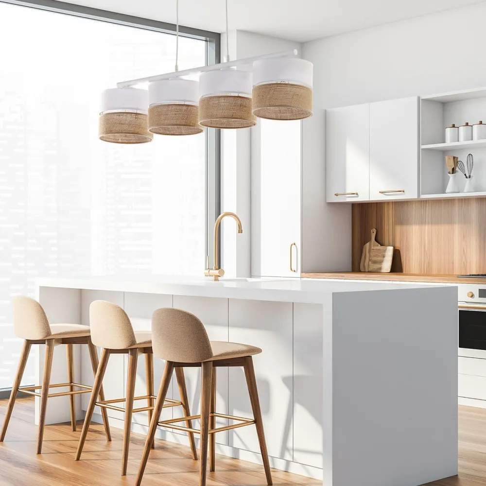 TK Lighting Pendelleuchte Weiß Braun 4-flammig Metall Stoff Jute E27* Wohnzimmerlampen|Stofflampen