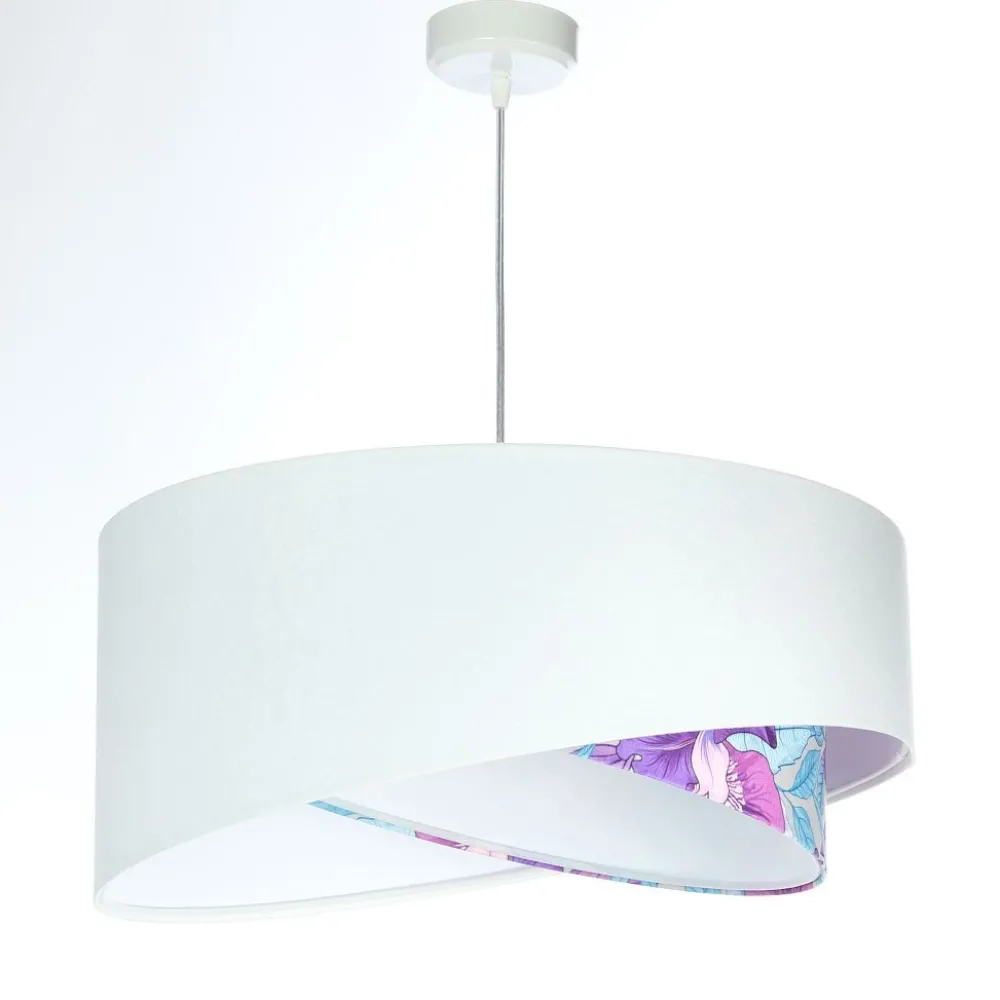BPS Koncept Pendelleuchte Weiß Lila Blumen Print E27 rund Ø 50 cm Stoff* Hängelampen|Bürolampen