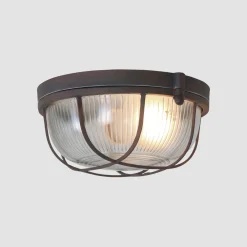 Steinhauer Runde Deckenlampe Braun Riffelglas Metall E27 Bullauge* Deckenleuchten|Badezimmer Lampe