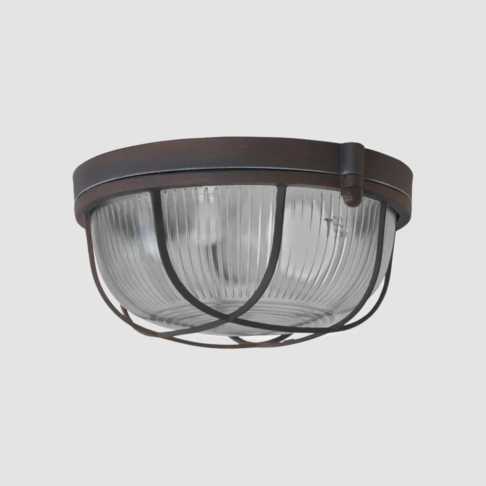Steinhauer Runde Deckenlampe Braun Riffelglas Metall E27 Bullauge* Deckenleuchten|Badezimmer Lampe
