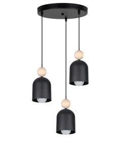 Outlet Belis Runde Hängelampe Schwarz Metall Holz 3-flmg E27 Ø36 cm