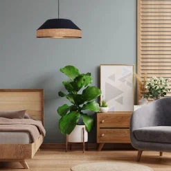 Best Belis Runde Hängelampe Stoff Rattan Schwarz Natur E27 Ø45 cm