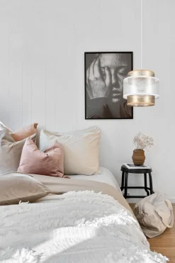 Clearance Belis Runde Hängeleuchte Stoff Weiß Gold Ø20 cm E27 gemütlich