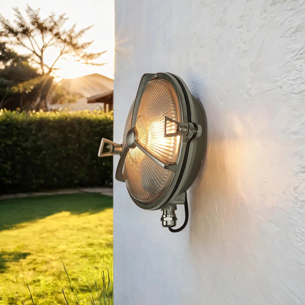 Discount Lido Schiffslampe Messing Riffelglas IP64 rostfrei rund