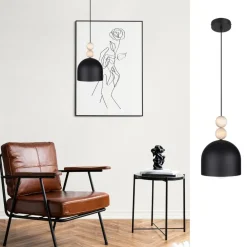 Belis Schwarze Hängeleuchte Metall Holz Ø17 cm E27 wohnlich* Hängelampen|Bürolampen