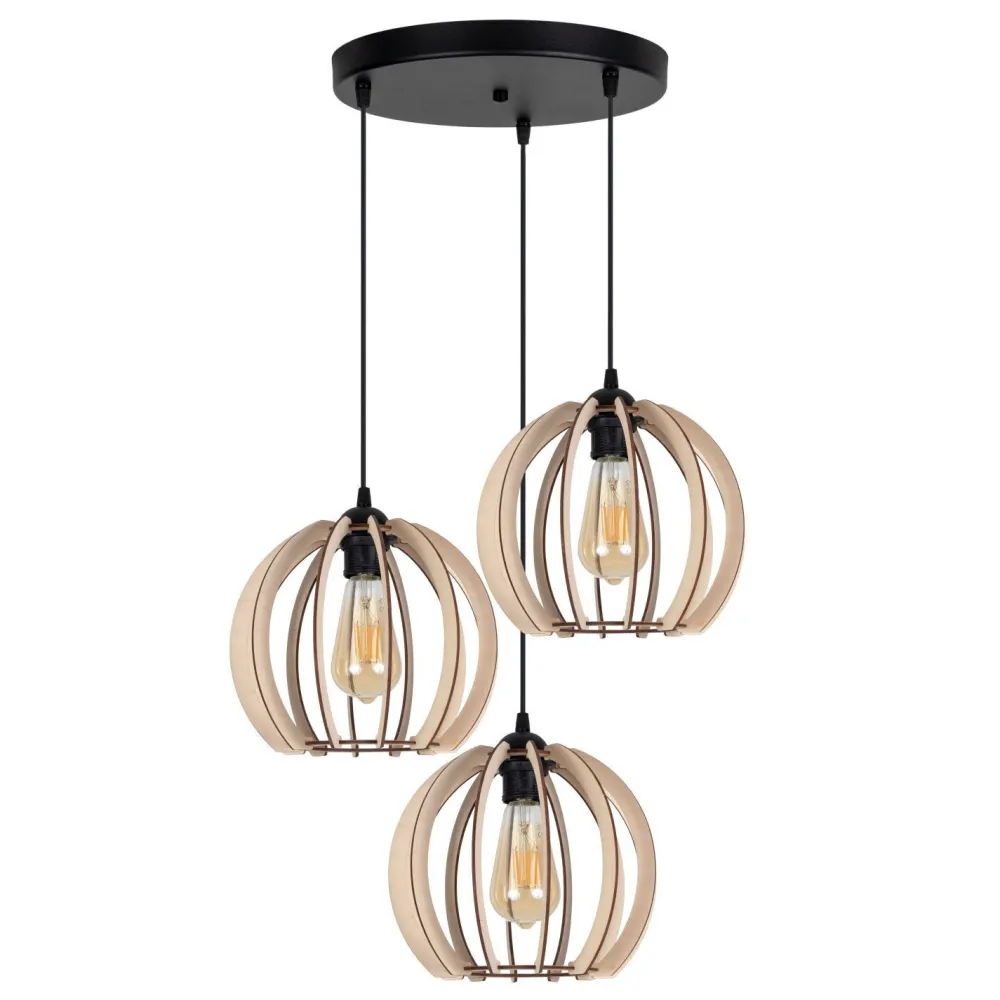 Online Belis Schwarze Pendelleuchte Holz Metall 3-flmg E27 L:40 cm